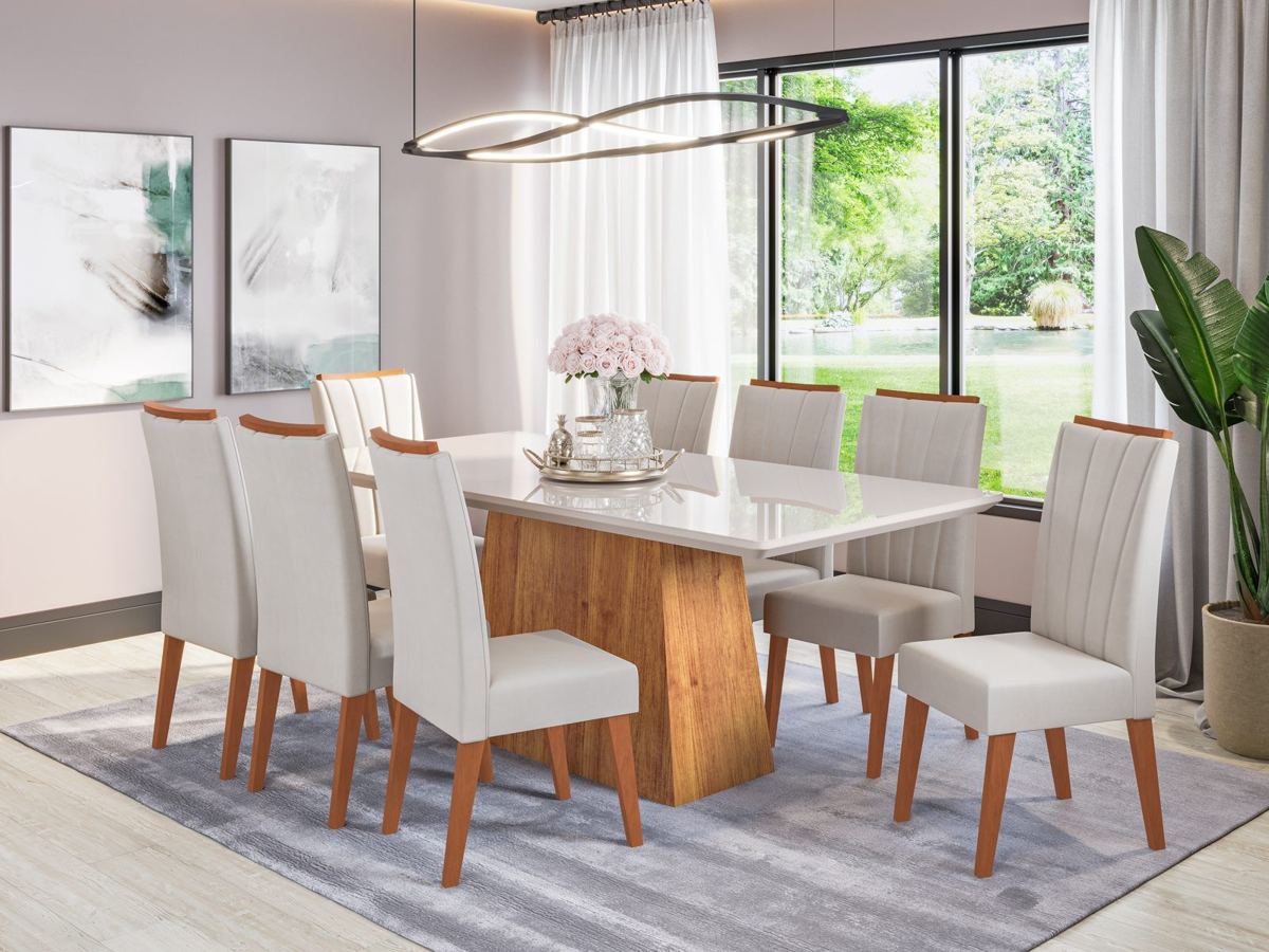 Comedor Fenix con ocho sillas Safira en terciopelo marfil