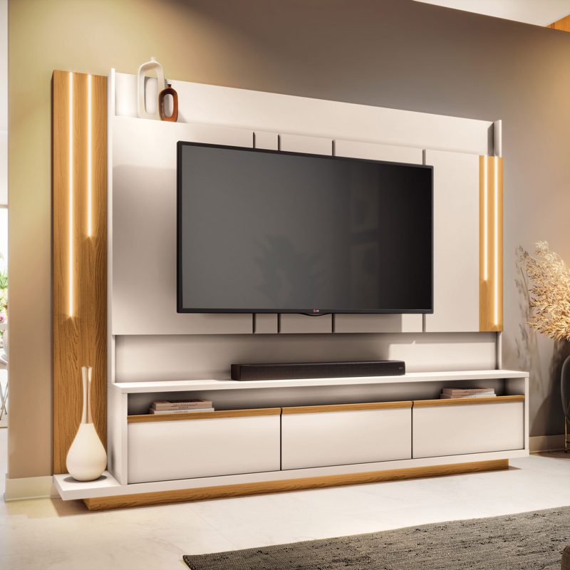 Panel para TV con rack en Cinamomo y Off White, mueble de Brasil